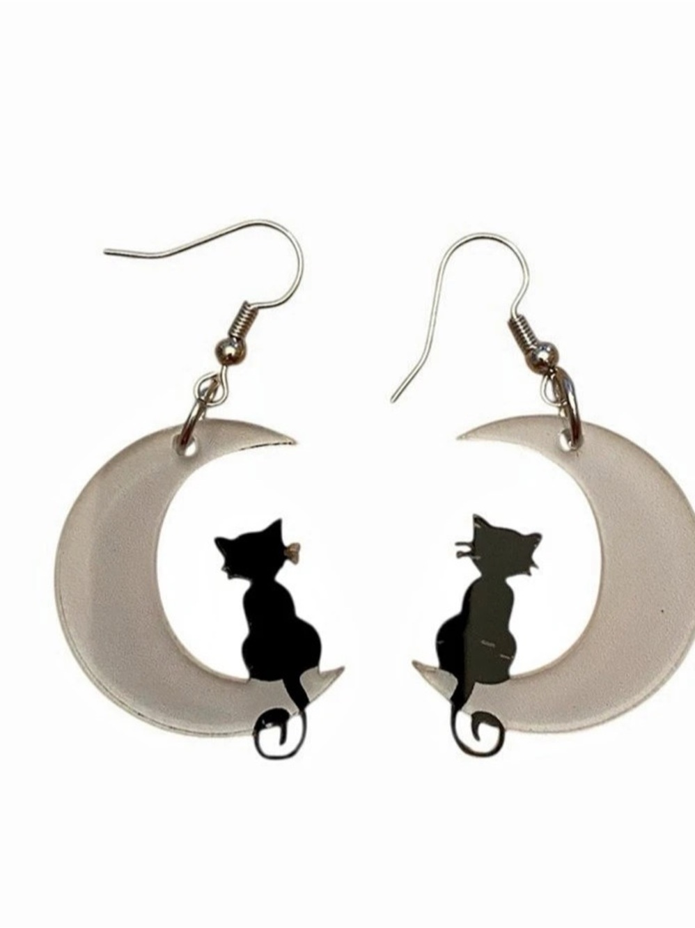 White Crescent Moon Black Cat Drop Earrings